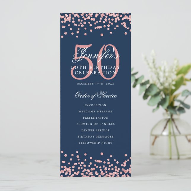 50th Birthday Program Menu Rose Gold Navy Blue  (Standing Front)