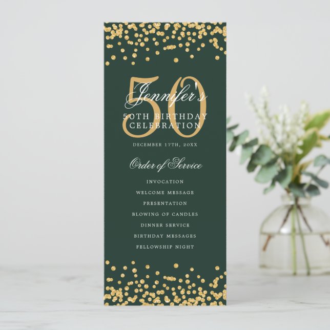 50th Birthday Program Menu Thank U Gold Green (Standing Front)