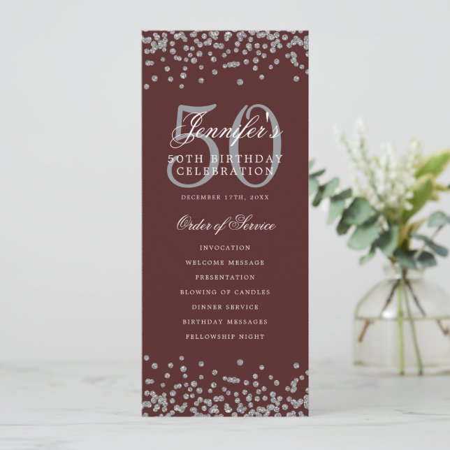 50th Birthday Program Menu Thank U Silver Burgundy (Standing Front)