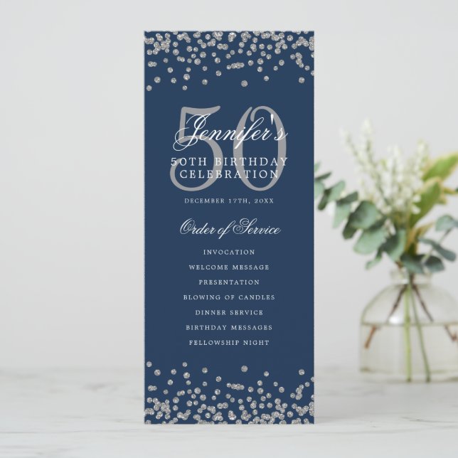 50th Birthday Program Menu Thank U Silver Navy Blu (Standing Front)