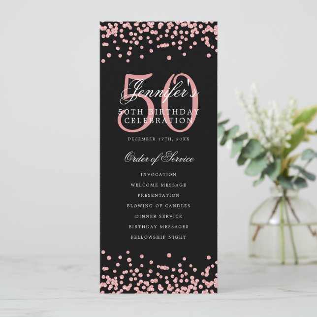 50th Birthday Program Rose Gold Black Confetti (Standing Front)