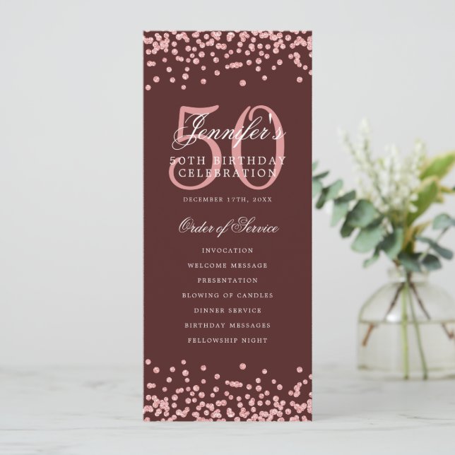 50th Birthday Program Rose Gold Burgundy Confetti (Standing Front)