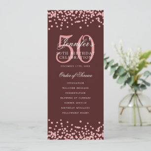 50th Birthday Program Rose Gold Burgundy Confetti