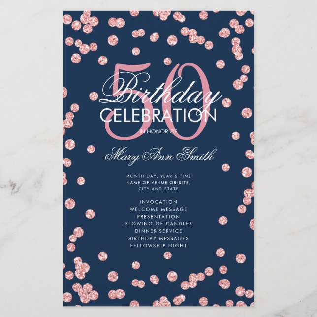 50th Birthday Program Rose Gold Glitter Menu Navy  (Front)