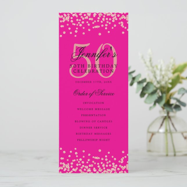 50th Birthday Program Rose Gold Menu Hot Pink  (Standing Front)
