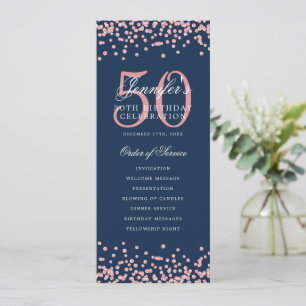 50th Birthday Program Rose Gold Menu Navy Blue 