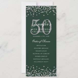 50th Birthday Program Silver Confetti Menu Green