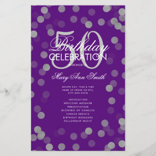 50th Birthday Program Silver Confetti Menu Purple 