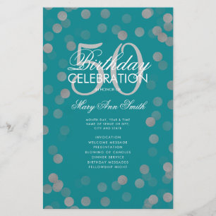 50th Birthday Program Silver Confetti Menu Teal 