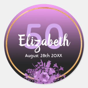 50th birthday purple and black gradient with gold classic round sticker