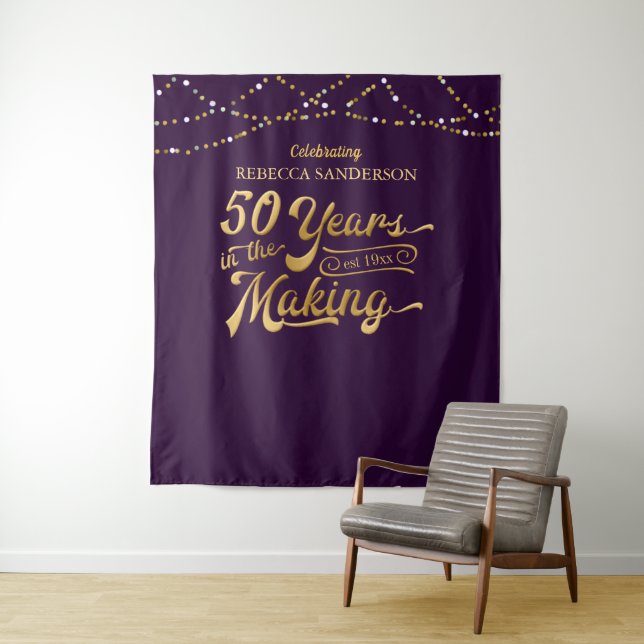 50th Birthday Purple and Gold Photo Backdrop Tapestry (In Situ)