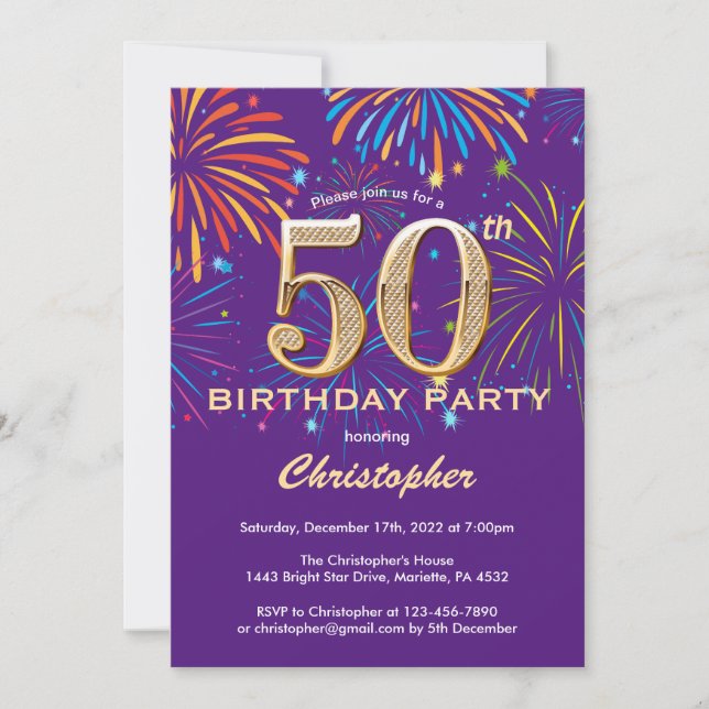 50th Birthday Purple and Gold Rainbow Fireworks Invitation (Front)
