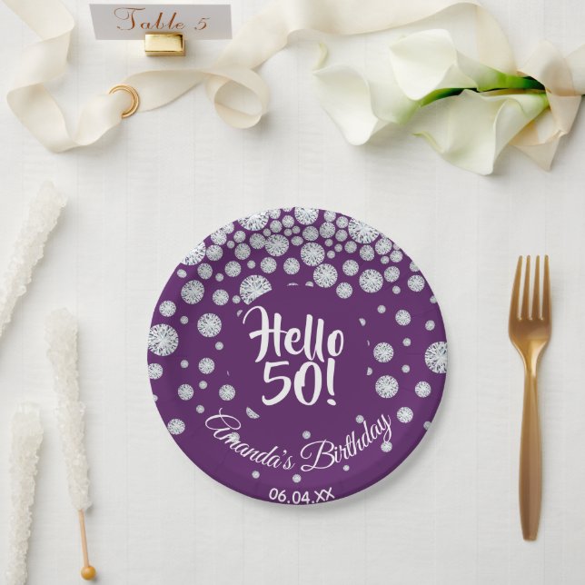 50th birthday purple diamonds hello 50 paper plate (Wedding)