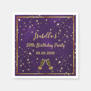 50th birthday purple gold champagne bubbles napkin