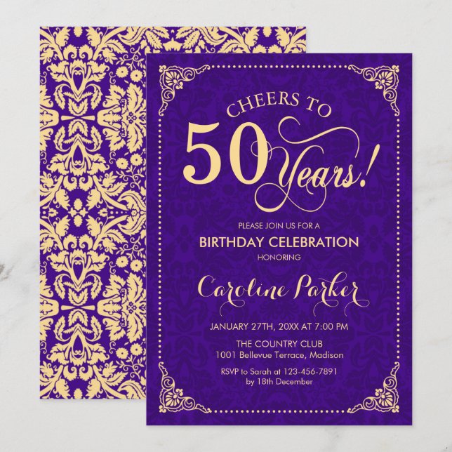 50th Birthday - Purple Gold Damask Invitation (Front/Back)