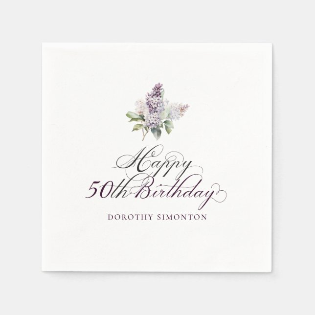50th Birthday Purple Lilac Spring Flower Cocktail Napkin (Front)