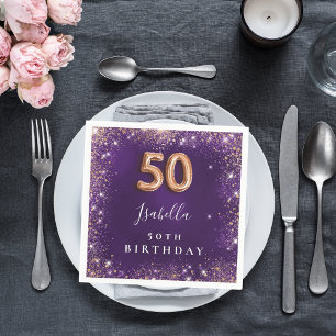 50th birthday purple rose gold sparkles name napkin
