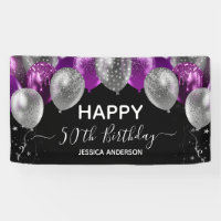 50th Birthday Purple Silver Balloons Banner