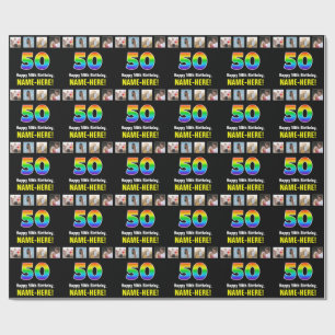 50th Birthday: Rainbow “50“; Custom Photos & Name Wrapping Paper