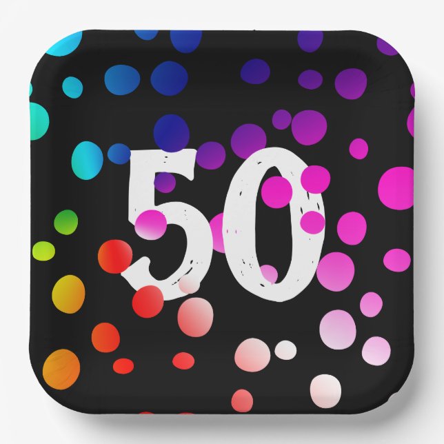 50th Birthday Rainbow Dots on Black  Paper Plate (Front)
