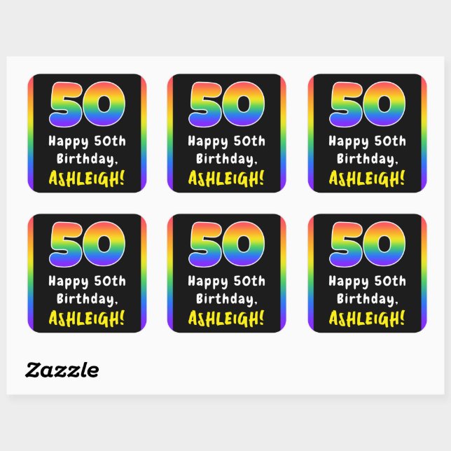 50th Birthday: Rainbow Spectrum # 50, Custom Name Square Sticker (Sheet)
