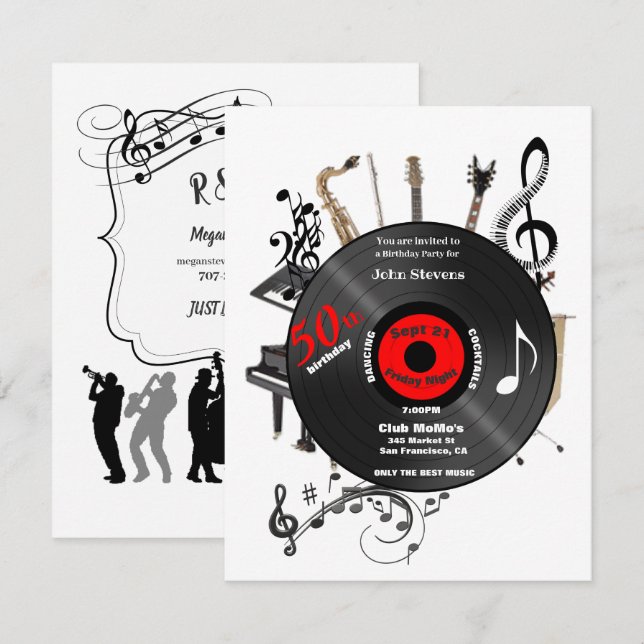 50th Birthday Record Musical Instruments Party  Invitation (Front/Back)