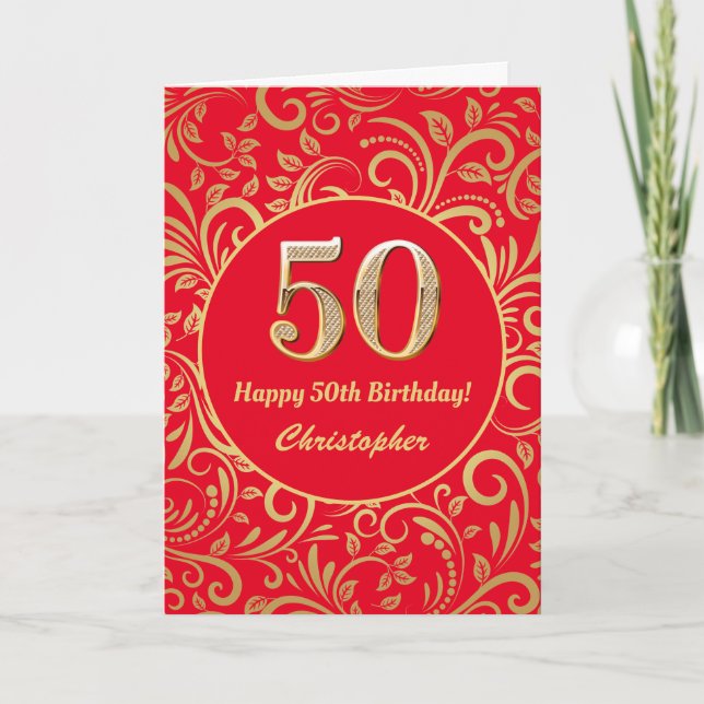 50th Birthday Red and Gold Floral Pattern Card (Front)