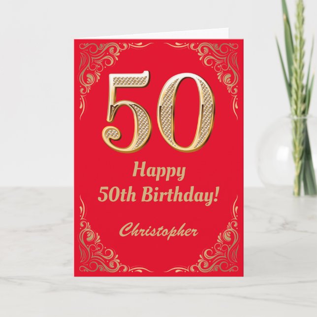50th Birthday Red and Gold Glitter Frame Card (Front)