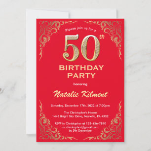 50th Birthday Red and Gold Glitter Frame Invitation