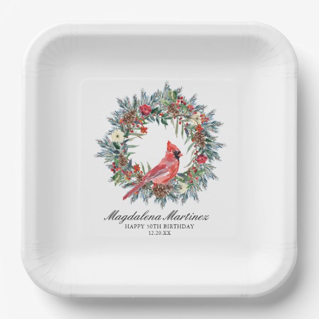 50th Birthday Red Cardinal Wreath Custom Paper Plate (Front)