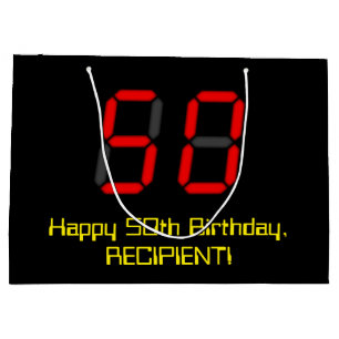 50th Birthday: Red Digital Clock Style "50" + Name Large Gift Bag