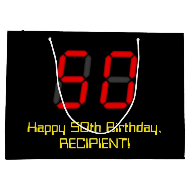 50th Birthday: Red Digital Clock Style "50" + Name Large Gift Bag (Back)