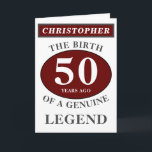 50th Birthday Red Genuine Legend Add Your Name<br><div class="desc">Fun 50th "Birth Of A Legend" birthday red, grey and white card. Add the year, change "Legend" to suit your needs. Add the name and a unique message in the card. All easily done using the template provided. You can also change the age to make any age you want eg...</div>