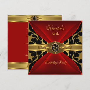 50th Birthday Red Gold Black Damask Floral Jewel Invitation