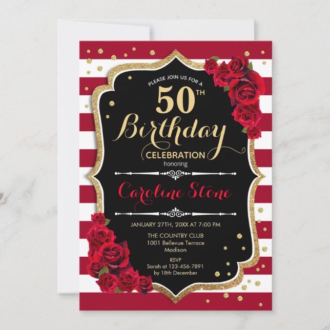 50th Birthday - Red Gold Black White Stripes Roses Invitation (Front)