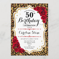 50th Birthday - Red Gold Leopard Print