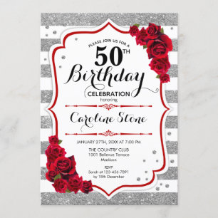 50th Birthday -  Red Silver White Stripes Roses Invitation