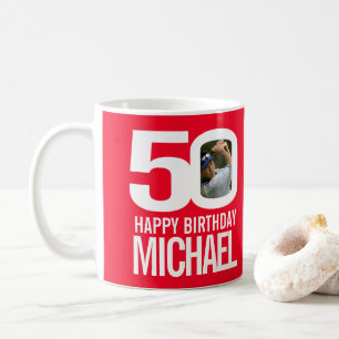 50th birthday red white custom photo name coffee mug