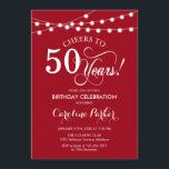 50th Birthday - Red White Invitation<br><div class="desc">50th Birthday Invitation.
Simple red and white design with script font and fairy string lights. Cheers to 50 years. Can be personalized into any age! Message me if you need further customization.</div>