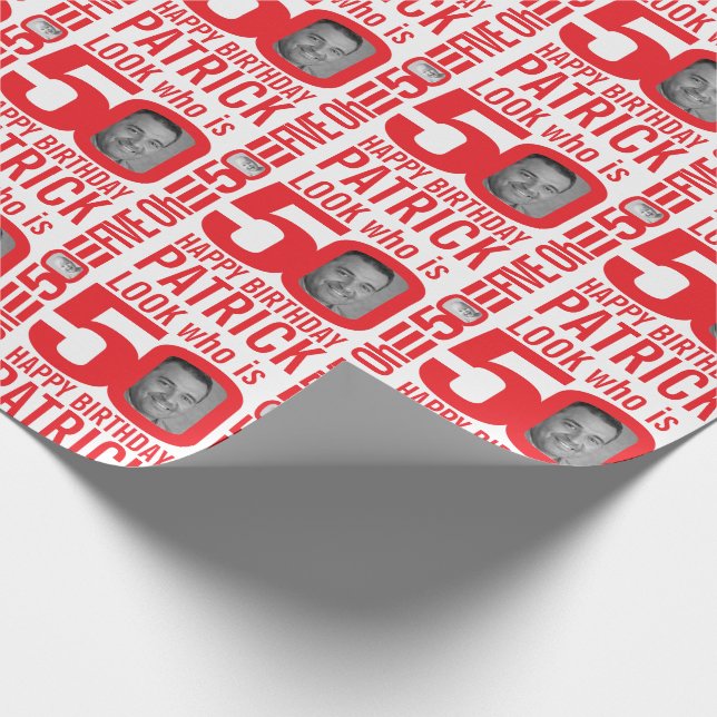 50th birthday red white look 50 custom photo name wrapping paper (Corner)