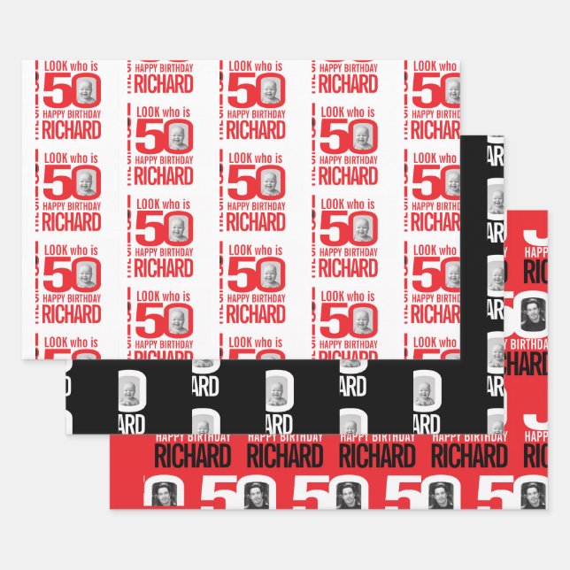 50th birthday red white look 50 custom photo name wrapping paper sheet (Set)