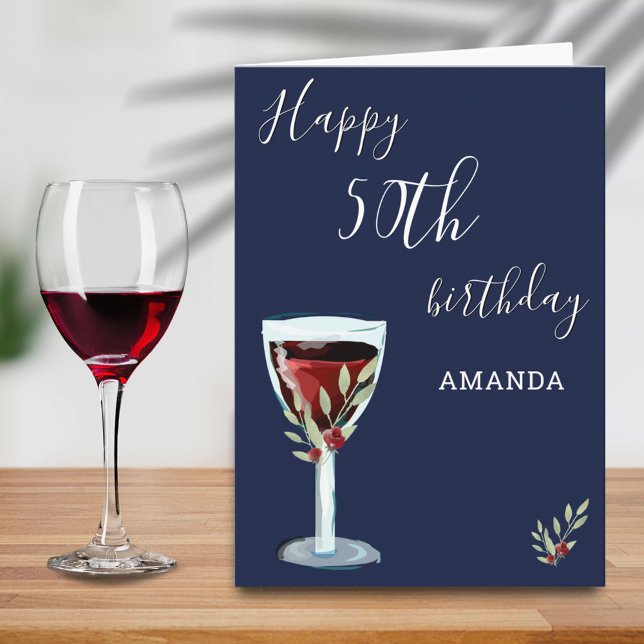 50th Birthday Red Wine Rose Watercolor Navy Blue Card (Creator Uploaded)