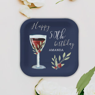 50th Birthday Red Wine Rose Watercolor Navy Blue  Paper Plate