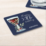 50th Birthday Red Wine Rose Watercolor Navy Blue Square Paper Coaster<br><div class="desc">50th Birthday Red Wine Rose Watercolor Navy Blue Paper Coaster. The design has watercolor red wine glass, roses and twigs on a navy blue background. The text is in white and is fully customizable - personalize it with your name and any age. Great for a woman or man's birthday party....</div>