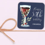 50th Birthday Red Wine Rose Watercolor Navy Blue Square Sticker<br><div class="desc">50th Birthday Red Wine Rose Watercolor Navy Blue Sticker. The design has watercolor red wine glass, roses and twigs on a navy blue background. The text is in white and is fully customizable - personalize it with your name and any age. Great for a woman or man's birthday gift or...</div>
