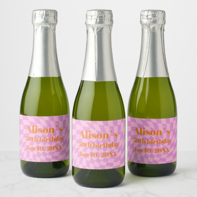 50th Birthday Retro Checked Minimalist Sparkling Wine Label (Bottles)