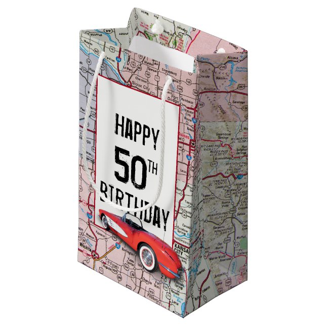 50th Birthday Retro Corvette On Map  Small Gift Bag (Front Angled)