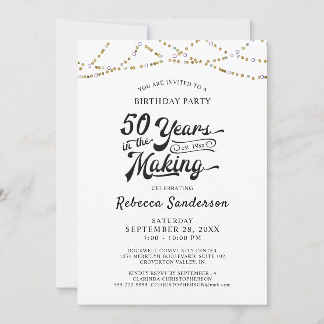 50th Birthday Retro Gold Black String Lights Invitation (Front)
