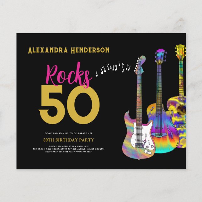 50th Birthday Rock n Roll Party Pink Budget Flyer (Front)