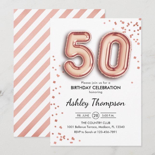 50th Birthday - Rose Gold Balloons Invitation (Front/Back)